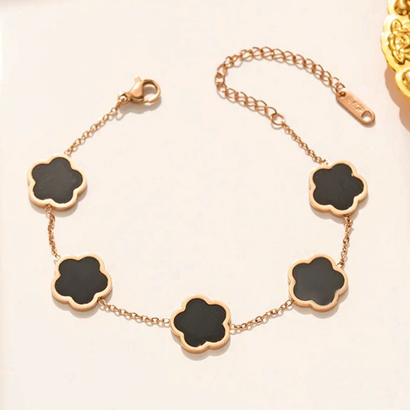 18k GP Bracelet Luxury Alhambra Black Clover Good Luck Titanium Steel New - Picture 1 of 9
